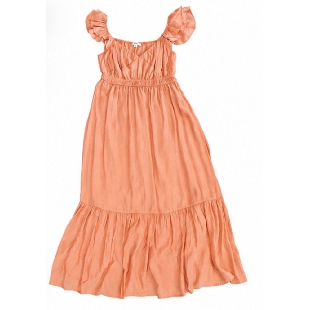 MINE Dress Women M Peach Smocked Flutter Sleeve Midi Tiered Boho Romantic 1446R